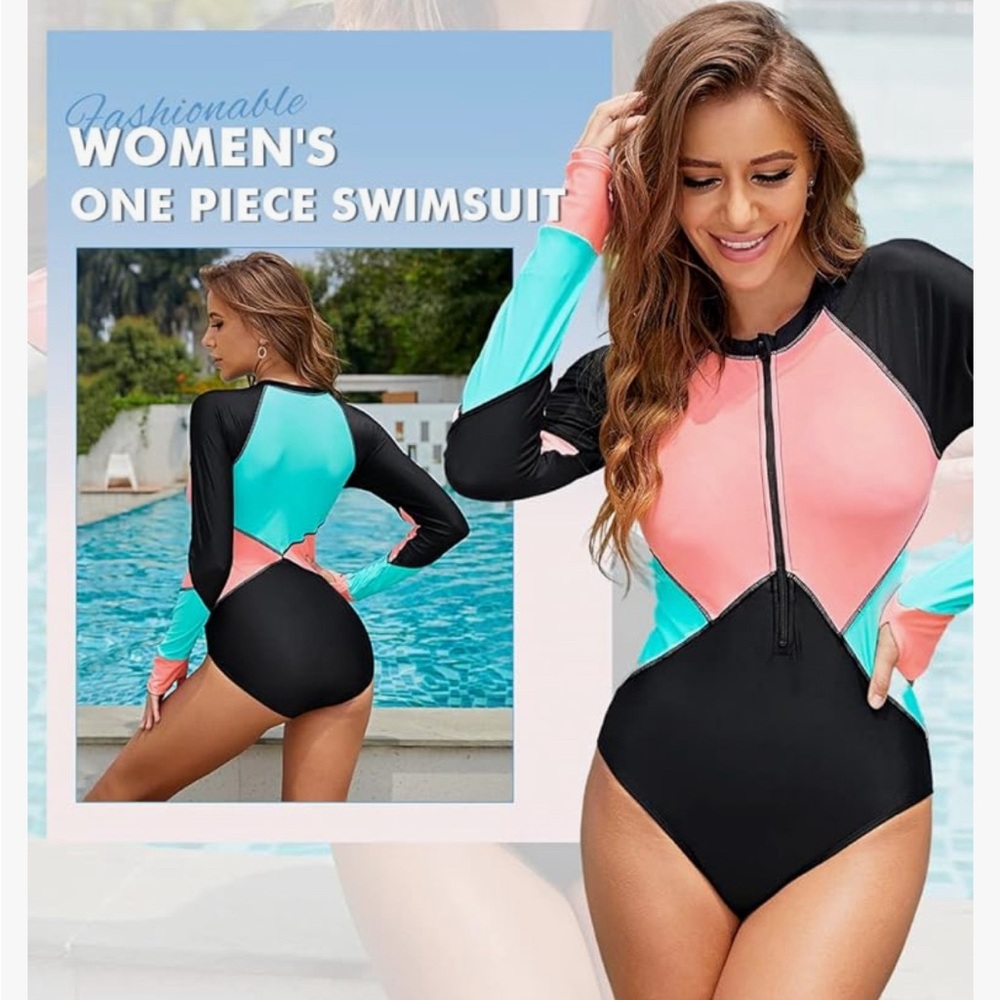 Blue pink and black swim suit one piece